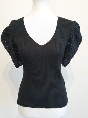 Maje Mentalo Fine Ribbed Crochet Sleeve Sweater Top US Large